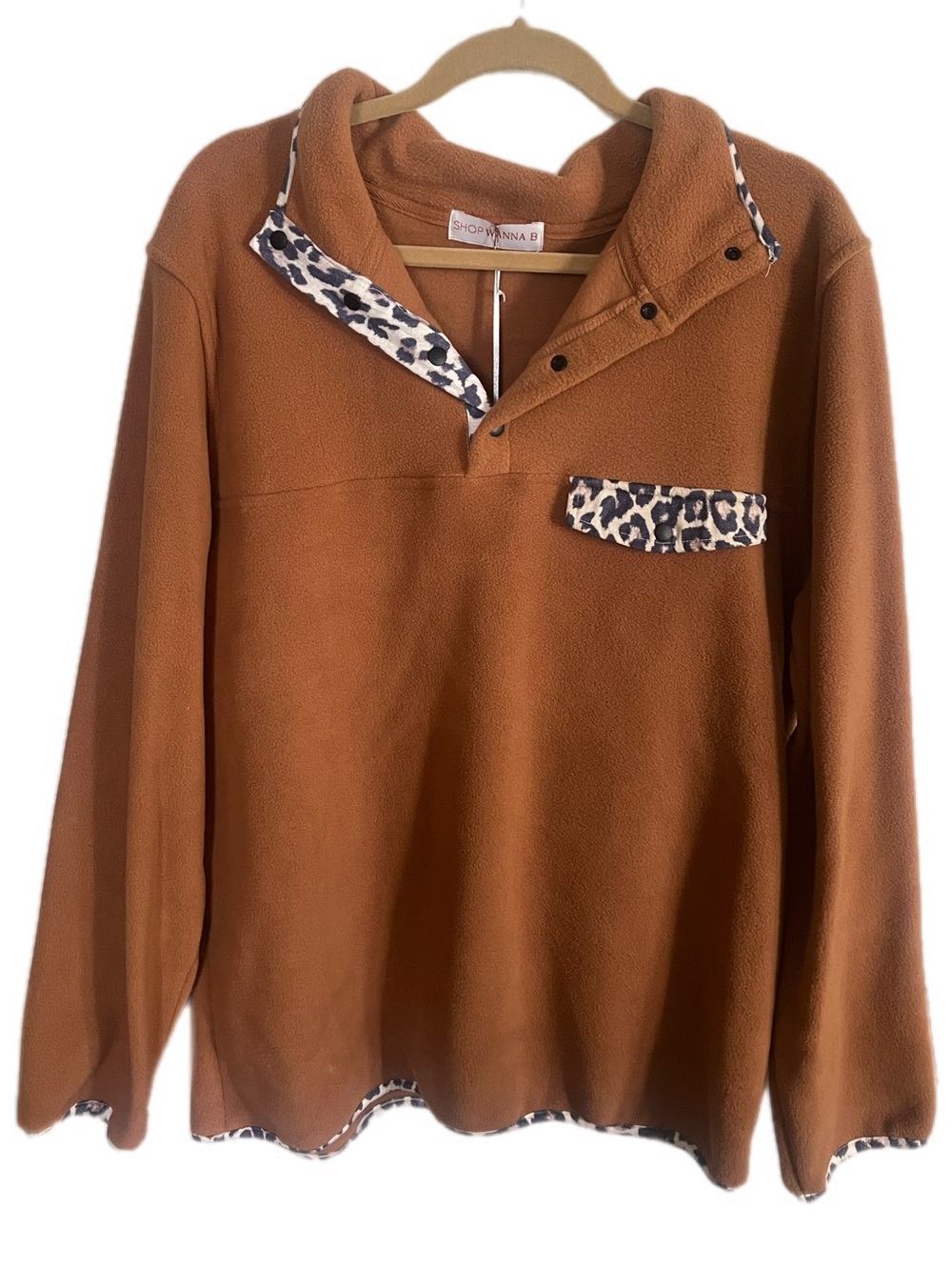 Mindy Maes Market Orange Fleece Women's Rust Cowl Pullover with Leopard Trim